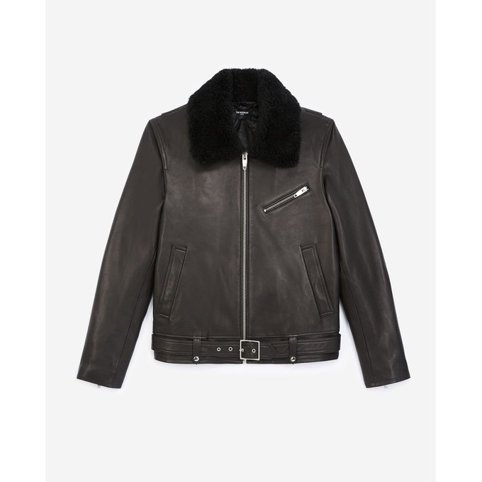 Blouson en cuir à col mouton noir The Kooples | La Redoute Veste Façon Cuir Laine Bi matiere F De La Passion M Neuve