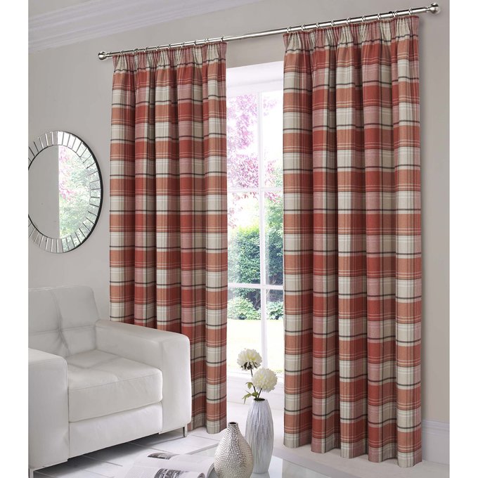Shetland Check Faux Wool Lined Pencil Pleat Curtains Terracotta
