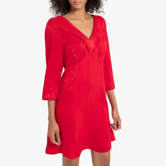 red pleated dress with sleeves