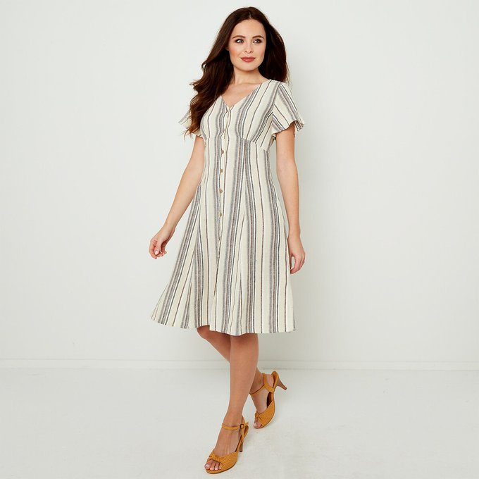 Striped Button Through Knee Length Dress With V Neck And Short
