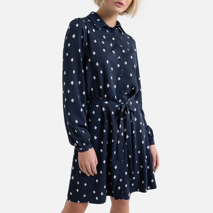 navy polka dot shirt dress