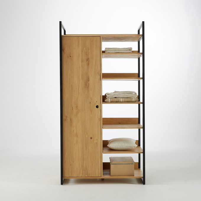 Module Armoire 1 Porte Penderie 6 Etageres Hiba Bois Metal La
