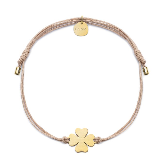 Pulseira Trevo da sorte em prata dourada, fio camel