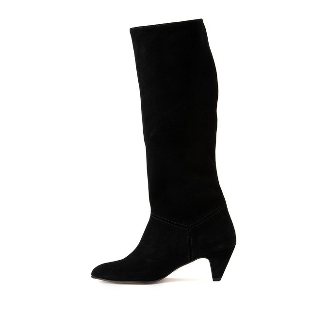 black suede knee high block heel boots