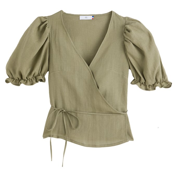 Blusa cruzada em linho, mangas balão
