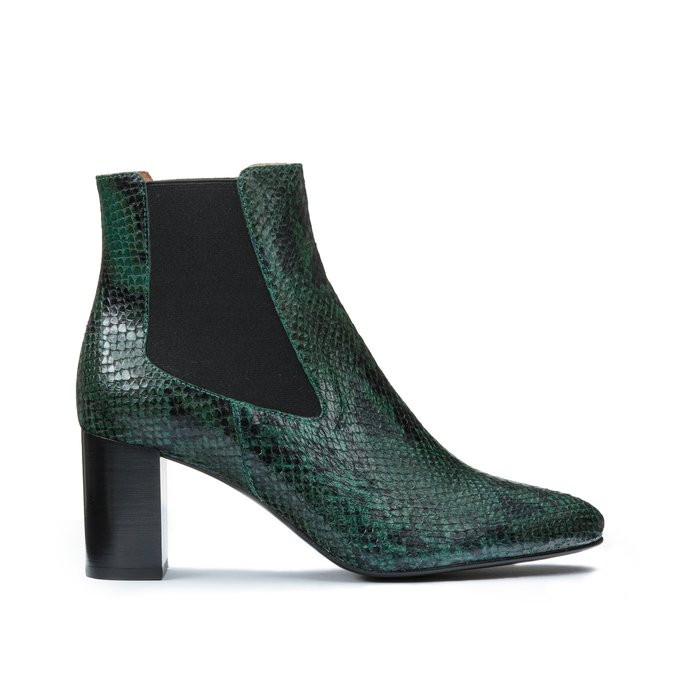 green snakeskin booties