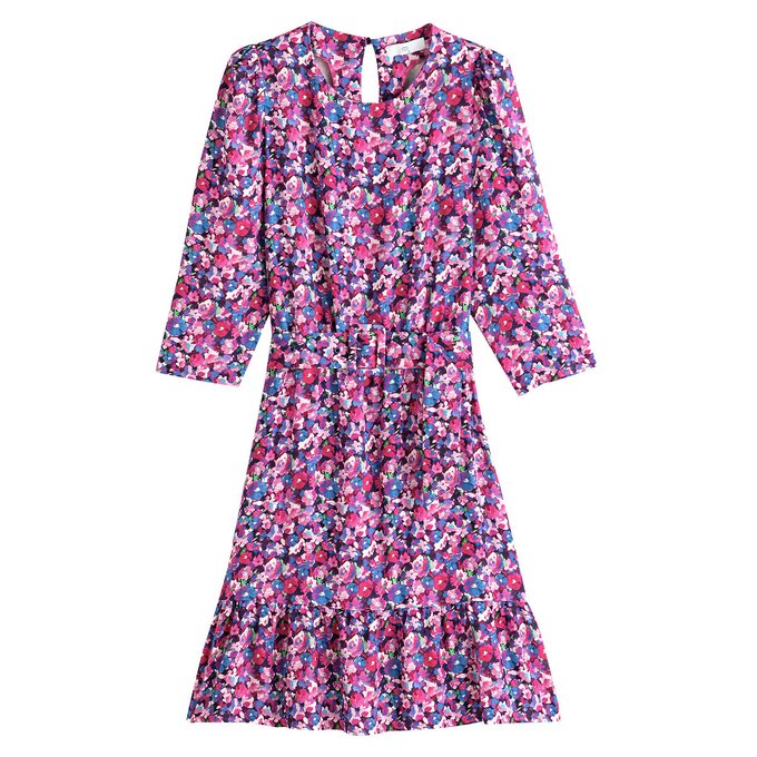 Vestido curto com mangas 3/4, estampado floral