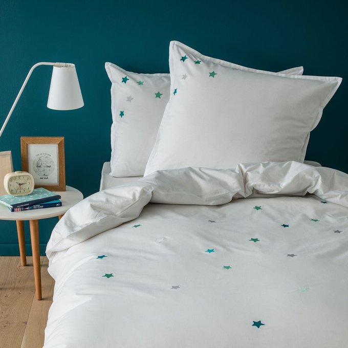 Blanc Cerise Linge De Lit Etoiles Brodees Bleues