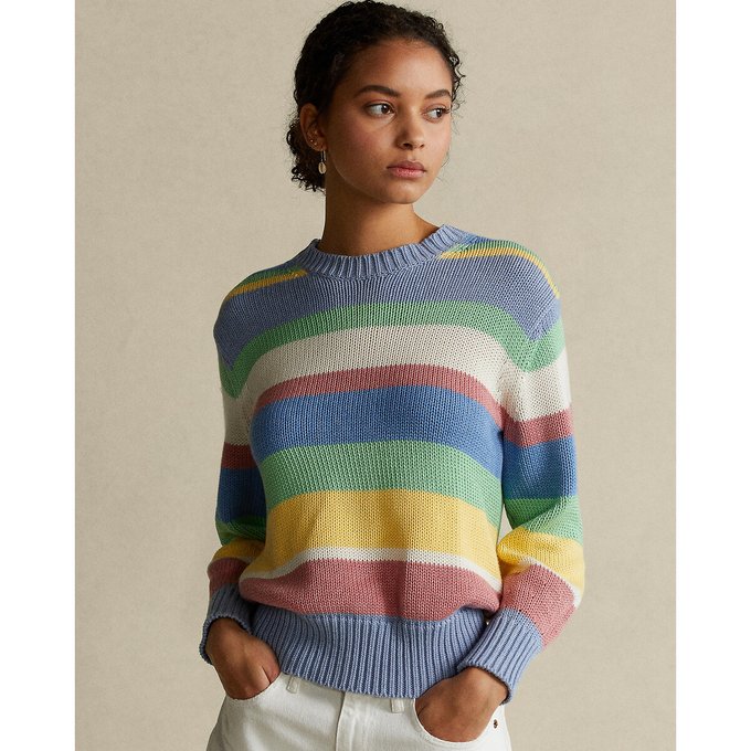 Cotton multi-striped jumper in chunky knit with crew neck , blue/pink ...