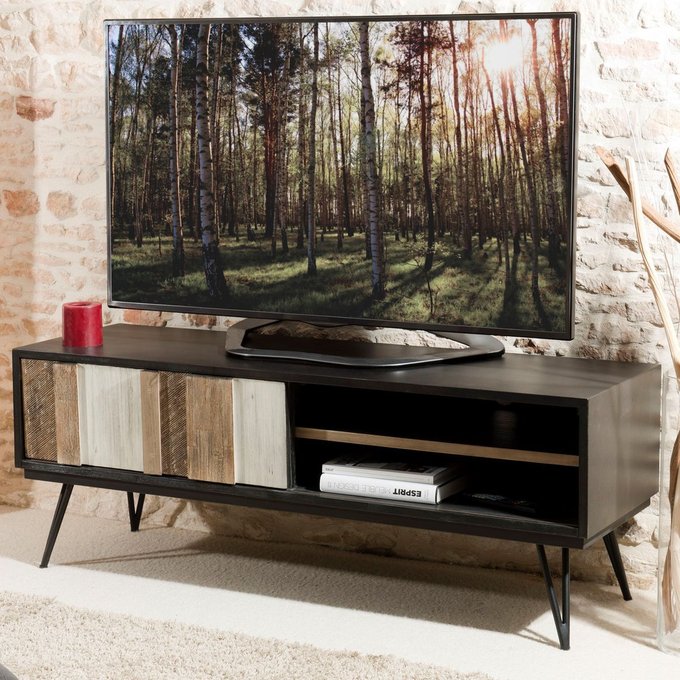 Meuble Tv 150cm Acacia Noir 1 Porte Coulissante 2 Niches