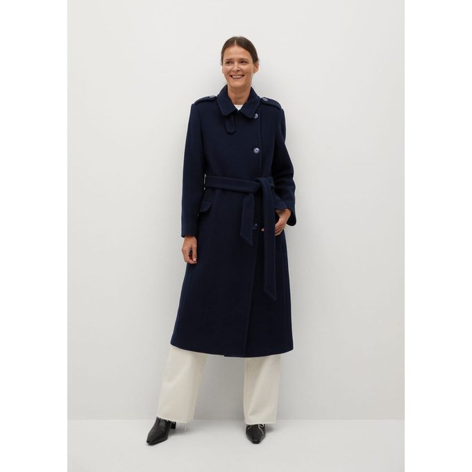Manteau en laine avec ceinture bleu marine foncé Mango | La Manteau en laine avec ceinture bleu nuit Mango | La Redoute