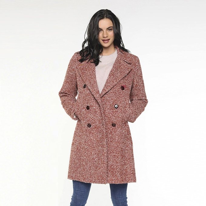 Manteau en tweed bouclé de laine mi long caudry bordeaux Manteau tweed bouclé beige et noir col tailleur femme