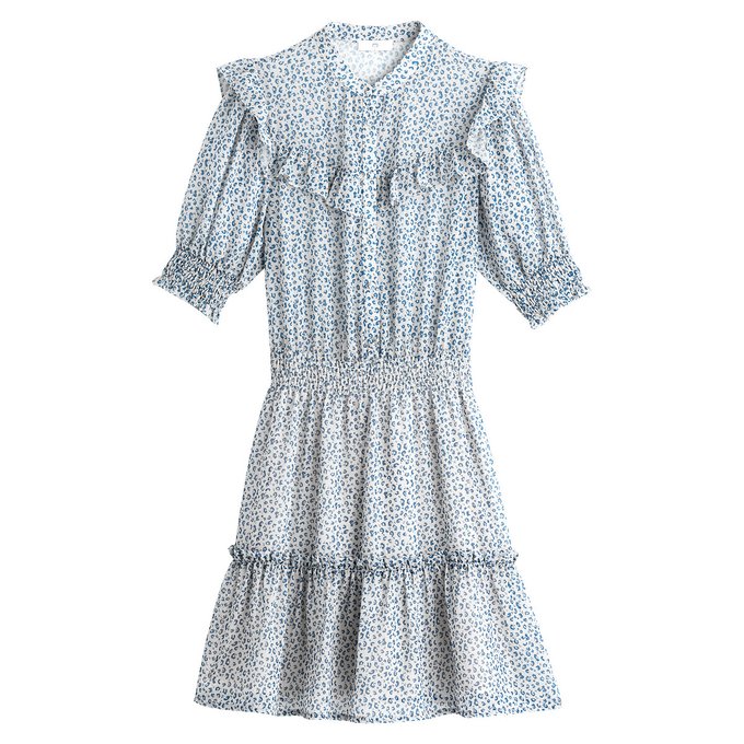 Vestido curto e estampado, de gola subida e mangas curtas