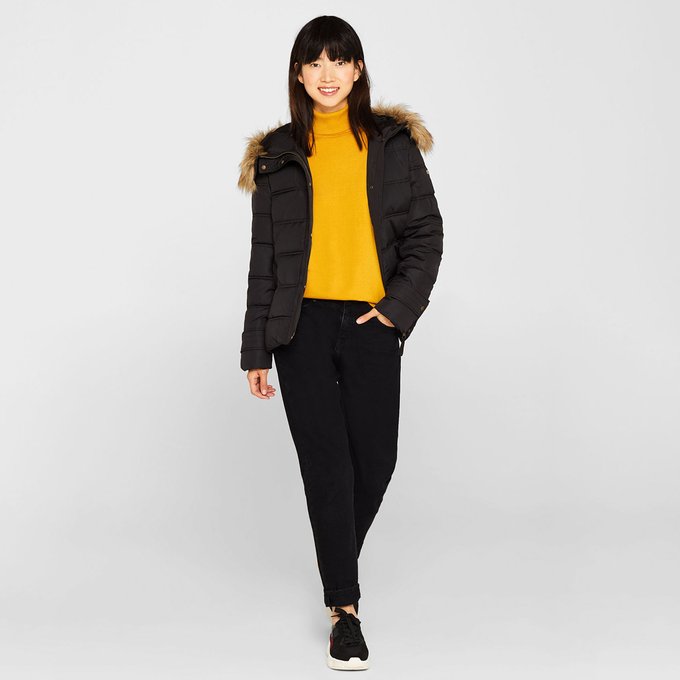 Short padded jacket with faux fur hood and pockets , black Short padded jacket with faux fur hood and pockets , black