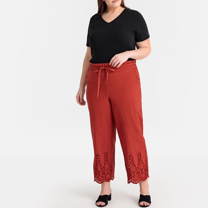 Weite hose mit hohem bund und stickerei am beinabschluss Weite hose mit hohem bund und stickerei am beinabschluss