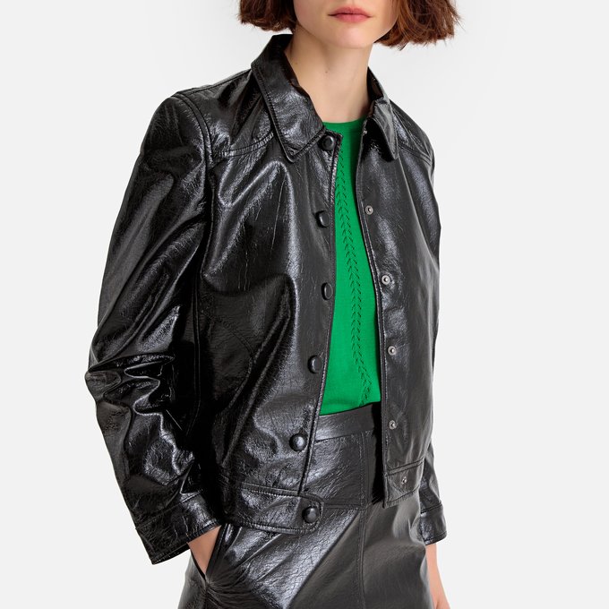 Cropped Vinyl Faux Leather Jacket With Peter Pan Collar La