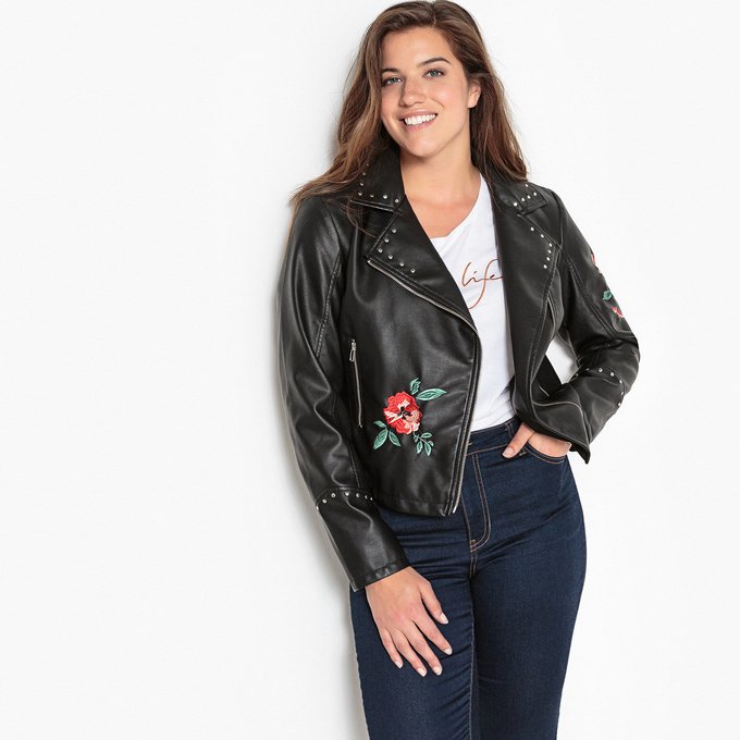 Faux Leather Jacket With Embroidery Black Castaluna Plus