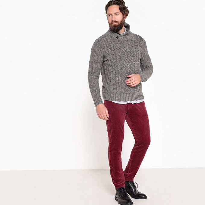 Camisola com gola de rebuço, em malha grossa cinza mesclado Camisola com gola de rebuço, em malha grossa cinza mesclado