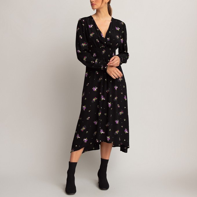 Ausgestelltes Kleid Mit Blumenmuster Lange Armel Geblumt Grund Schwarz La Redoute Collections La Redoute