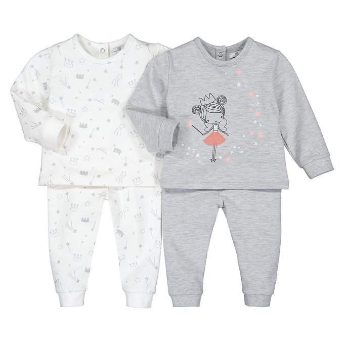 2er Pack Pyjamas 2 Teilig Bio Baumwolle 6 Monate 4 Jahre Ecru Grau Meliert La Redoute Collections La Redoute