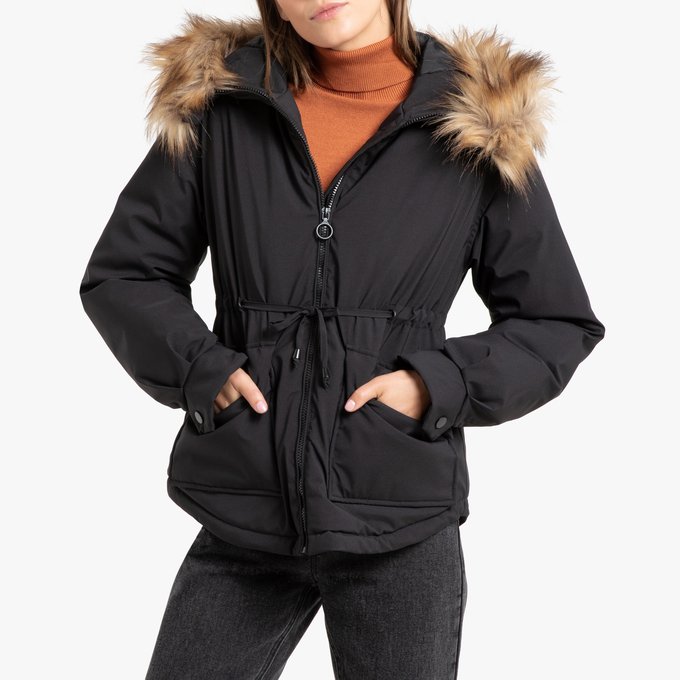 Short Zipped Lightly Padded Parka With Faux Fur Hood And Pockets Black La Redoute Collections La Redoute
