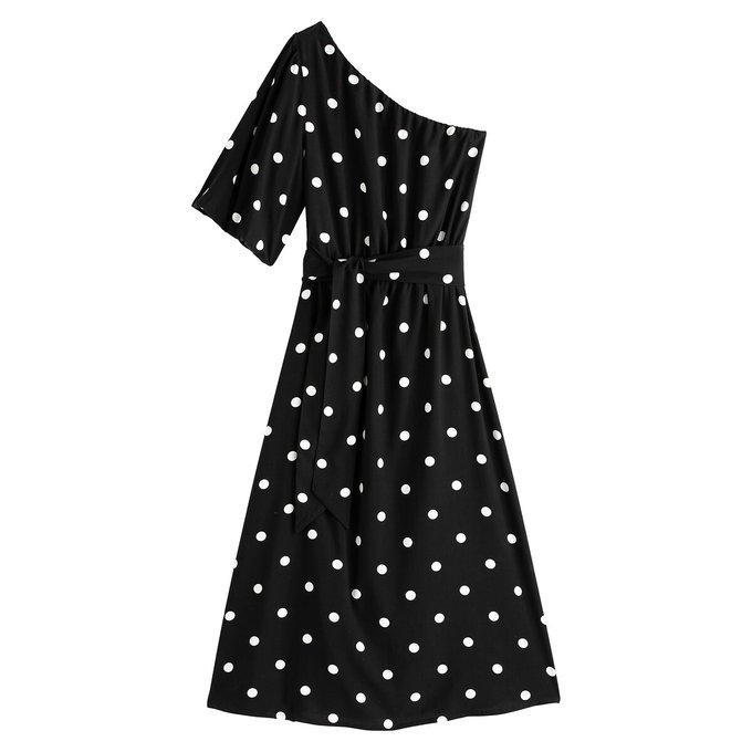 Vestido direito e estampado às bolas, comprido, mangas 3/4
