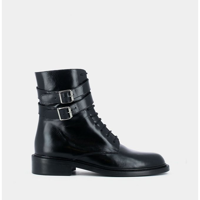 Dezibre Leather Lace-Up Ankle Boots with Buckle