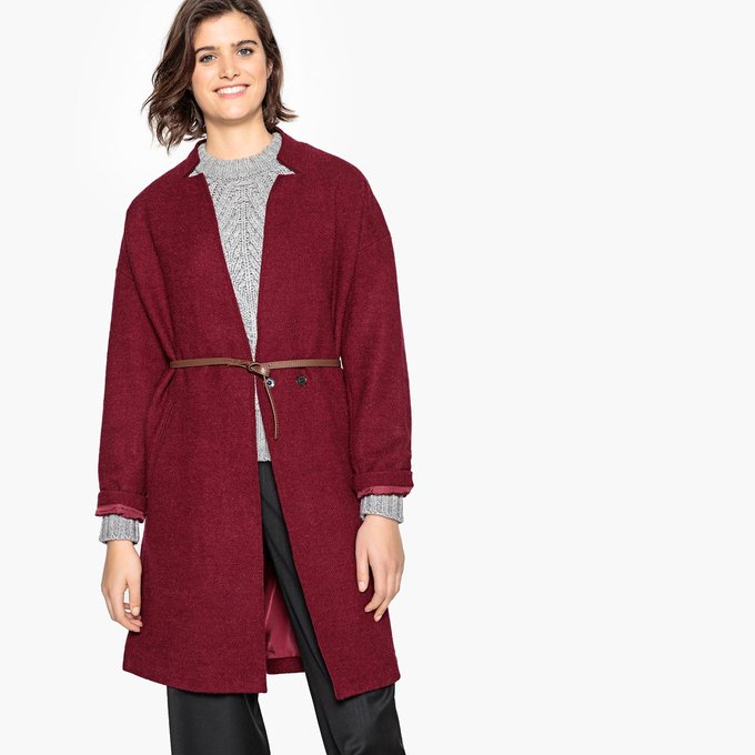 Manteau ceinturé, coupe droite, laine mélangée La Redoute Manteau en laine avec ceinture bleu nuit Mango | La Redoute