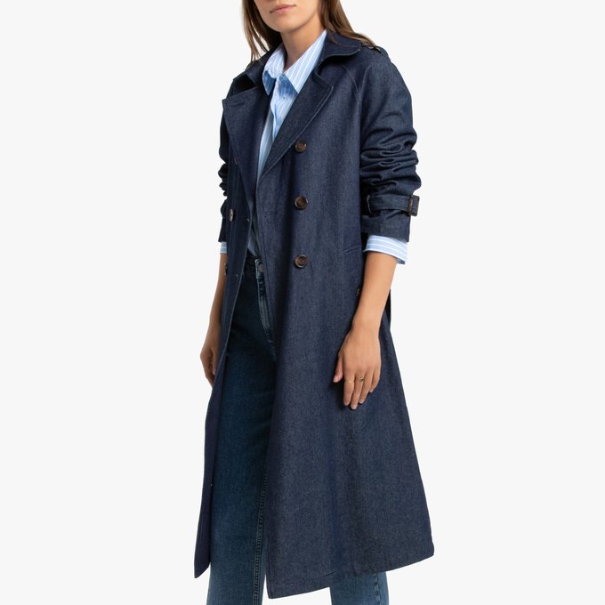 Long denim trench coat with double 