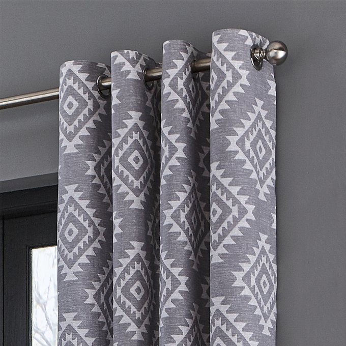 Aztec Eyelet Curtains Silver Silver Coloured Catherine