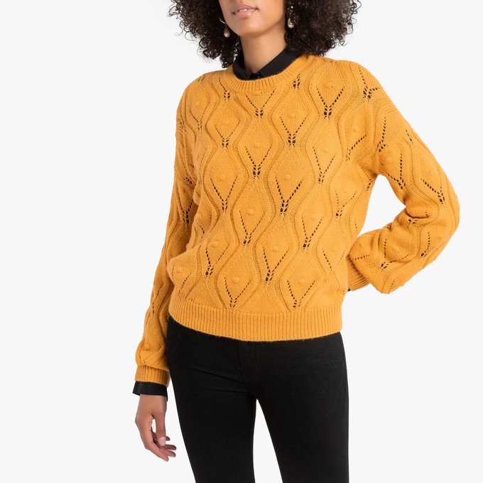 Pull col rond en grosse maille pointelle jaune moutarde La Pull col rond en fine maille beige chiné La Redoute