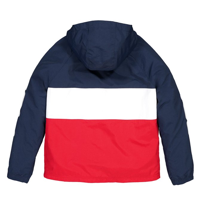 blue white and red windbreaker