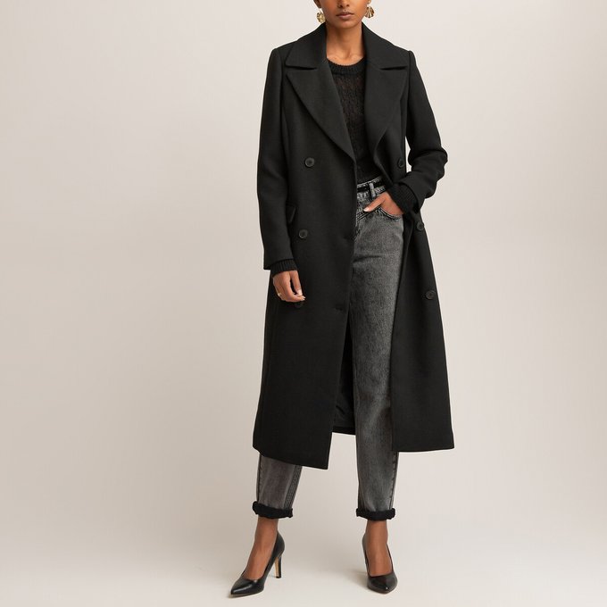 Manteau long double boutonnage noir La Redoute Collections 15 manteaux longs à moins de 60 euros Femme Actuelle