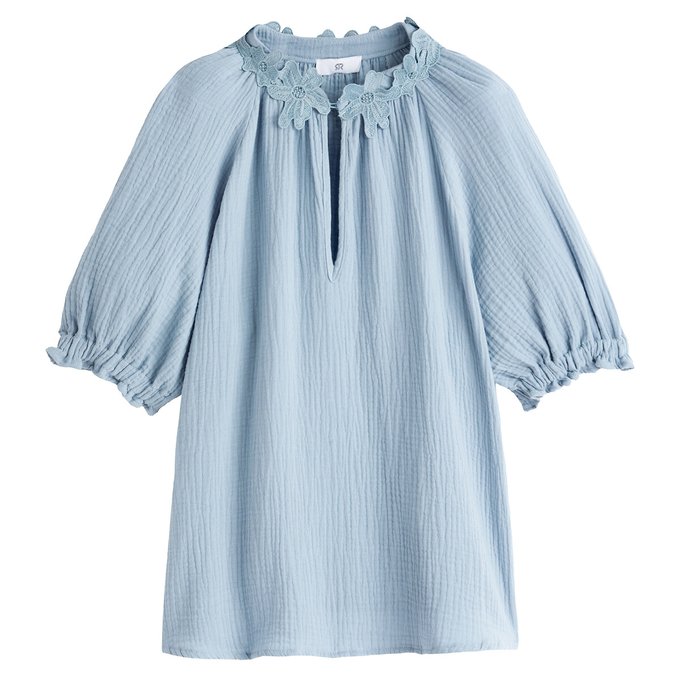 Blusa com gola Mao, de mangas curtas