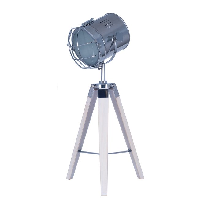 Tripod Table Lamp In White Wash Wood And Silver Metal Chrome