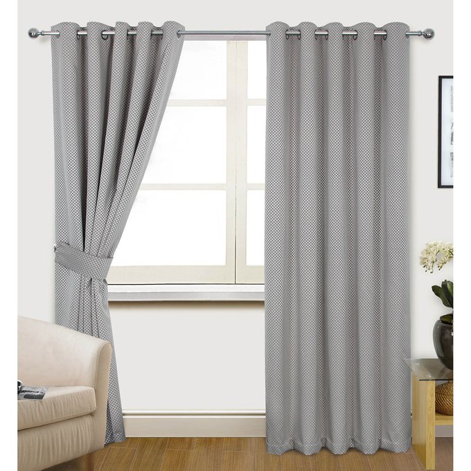 Anya Metallic Geometric Jacquard Lined Ring Top Curtains Grey