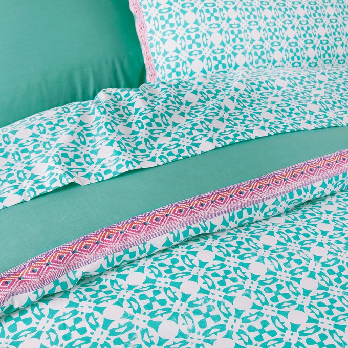 Yucatan Printed Cotton Duvet Cover White Print Turquoise La