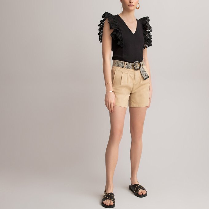 T-shirt col V, à volants en broderie anglaise