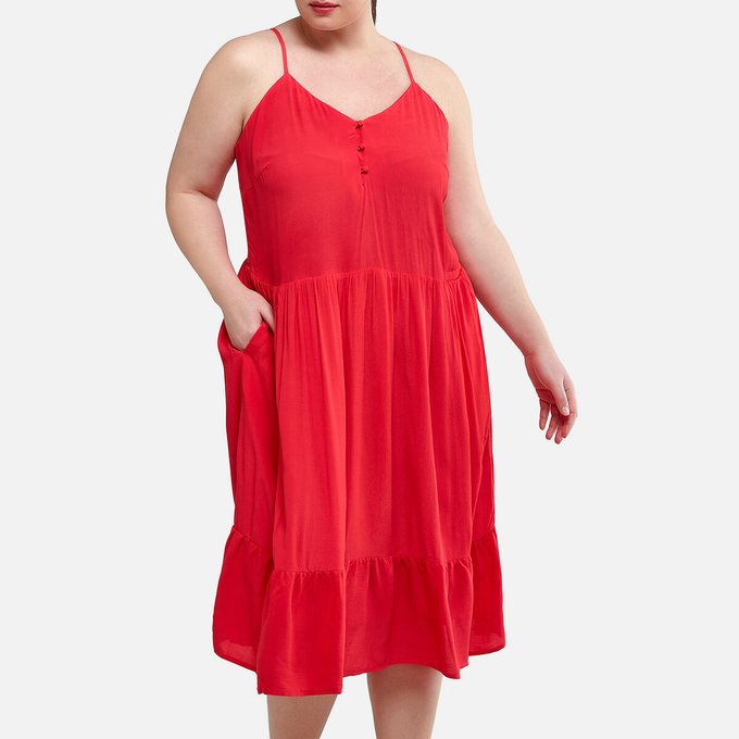 Платье LaRedoute Короткое расклешенное с V-образным вырезом и короткими рукавами 40 красный