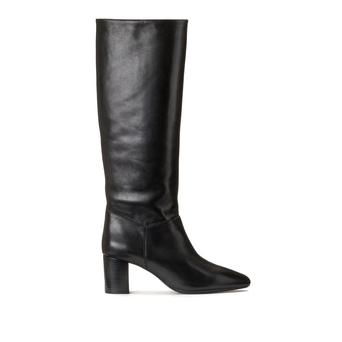 N108 Knee-High Boots in Leather with Block Heel