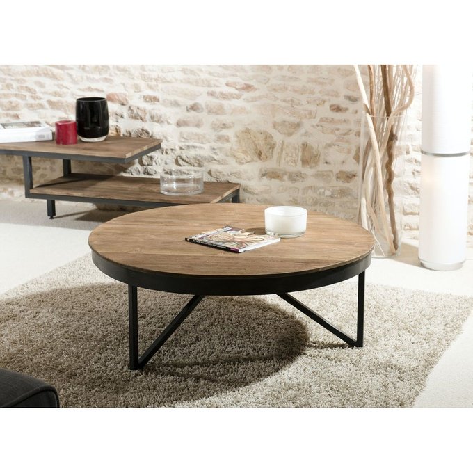 Table Basse Ronde 90cm Plateau Bois Naturel Teck Recycle Style