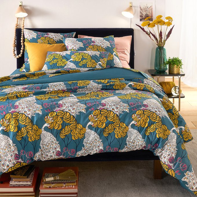 Peacock Blue Duvet Cover In Printed Cotton Percale Printed La