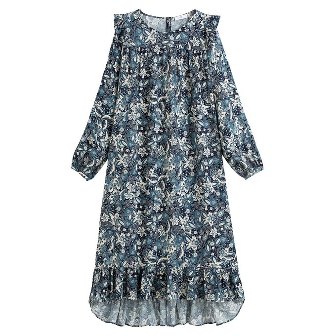Vestido comprido e com folho, estampado floral