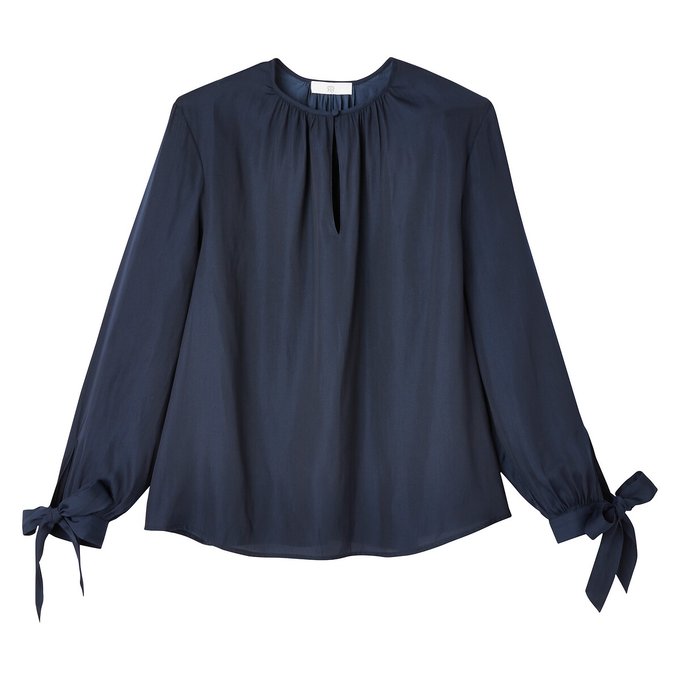 Blusa com gola redonda e mangas compridas para atar