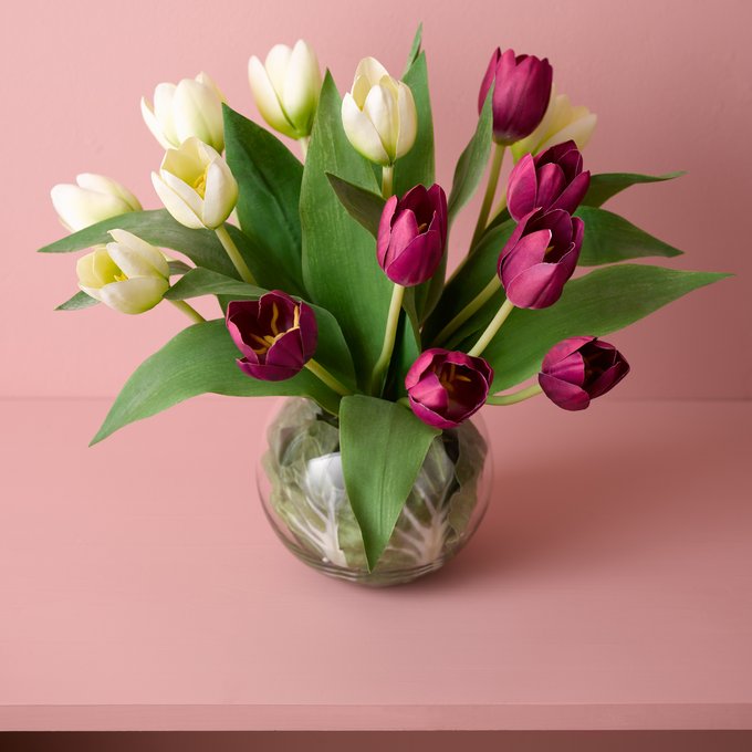30cm Artificial Tulip In Cabbage Leaf Gl Vase Multi Coloured Cabbage Leaf Gl Vase