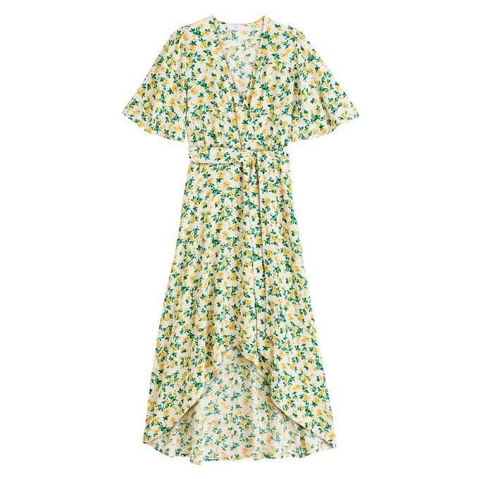Vestido com corte envelope, estampado às flores