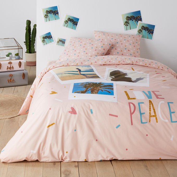 Love Peace Cotton Duvet Cover Pink Print La Redoute Interieurs