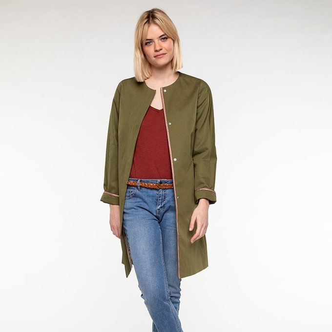 Manteau long sans col en coton et lin vert kaki Trench And Manteau été paprika femme sans col en coton et lin Trench