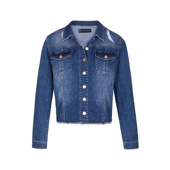 Veste courte denim brut trouée et franges joe bleu Bleu D Veste courte été femme denim brut trouée et franges joe l