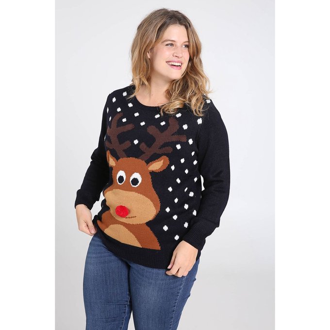 Pull Noel Renne Lumieres Clignotantes Col Rond Manches Longues Bleu Marine Paprika La Redoute